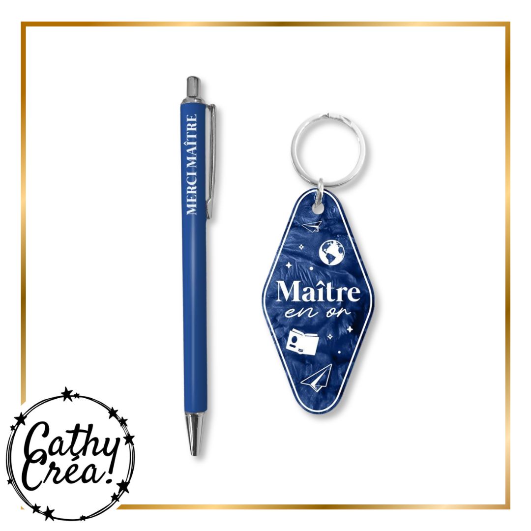 Duo cadeau stylo bleu Merci Maitre et porte-cles Maitre en or acrylique nacre bleu nuit