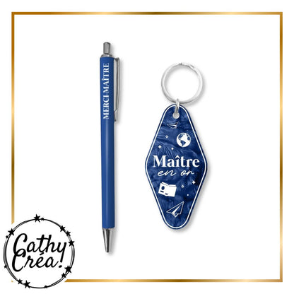 Duo cadeau stylo bleu Merci Maitre et porte-cles Maitre en or acrylique nacre bleu nuit