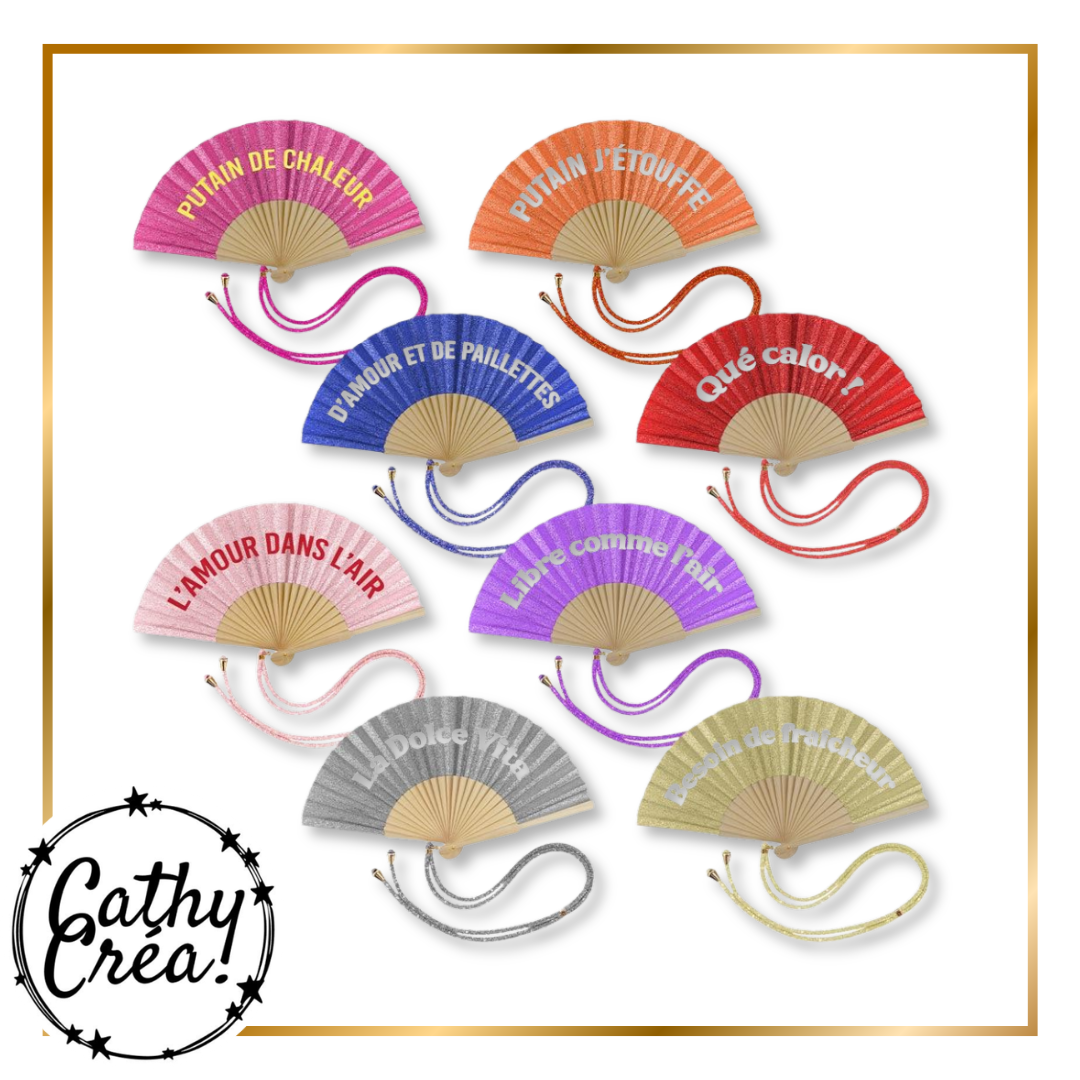 Collection éventails à paillettes humoristiques colorés – accessoires été originaux Cathy Créa