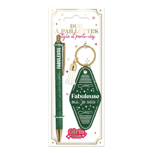 💚 Duo pailleté – Porte-clés & stylo “Fabuleuse oui, je sais” ✨