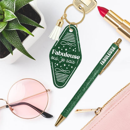 💚 Duo pailleté – Porte-clés & stylo “Fabuleuse oui, je sais” ✨