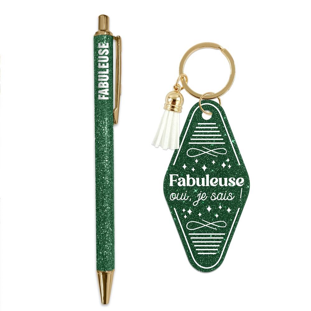 💚 Duo pailleté – Porte-clés & stylo “Fabuleuse oui, je sais” ✨