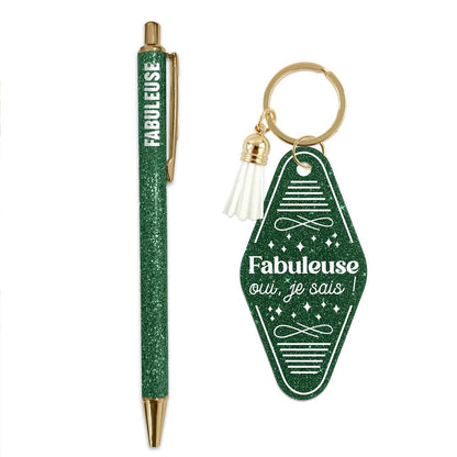 💚 Duo pailleté – Porte-clés & stylo “Fabuleuse oui, je sais” ✨