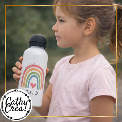 Enfant avec gourde aluminium personnalisée accrochée au cartable – cadeau école Belgique