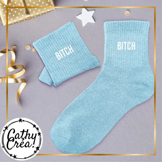 Chaussettes paillettes bleues BITCH ambiance cadeau festif – cadeau femme assumée Belgique