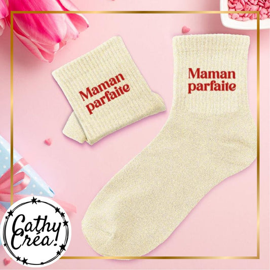 Chaussettes paillettes crème Maman parfaite rouge ambiance fête des mères – Cathy Créa