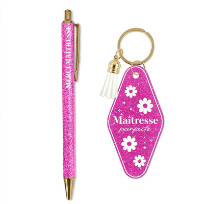 💖 Duo pailleté – Porte-clés & stylo “Maîtresse pailletée” ✏️✨