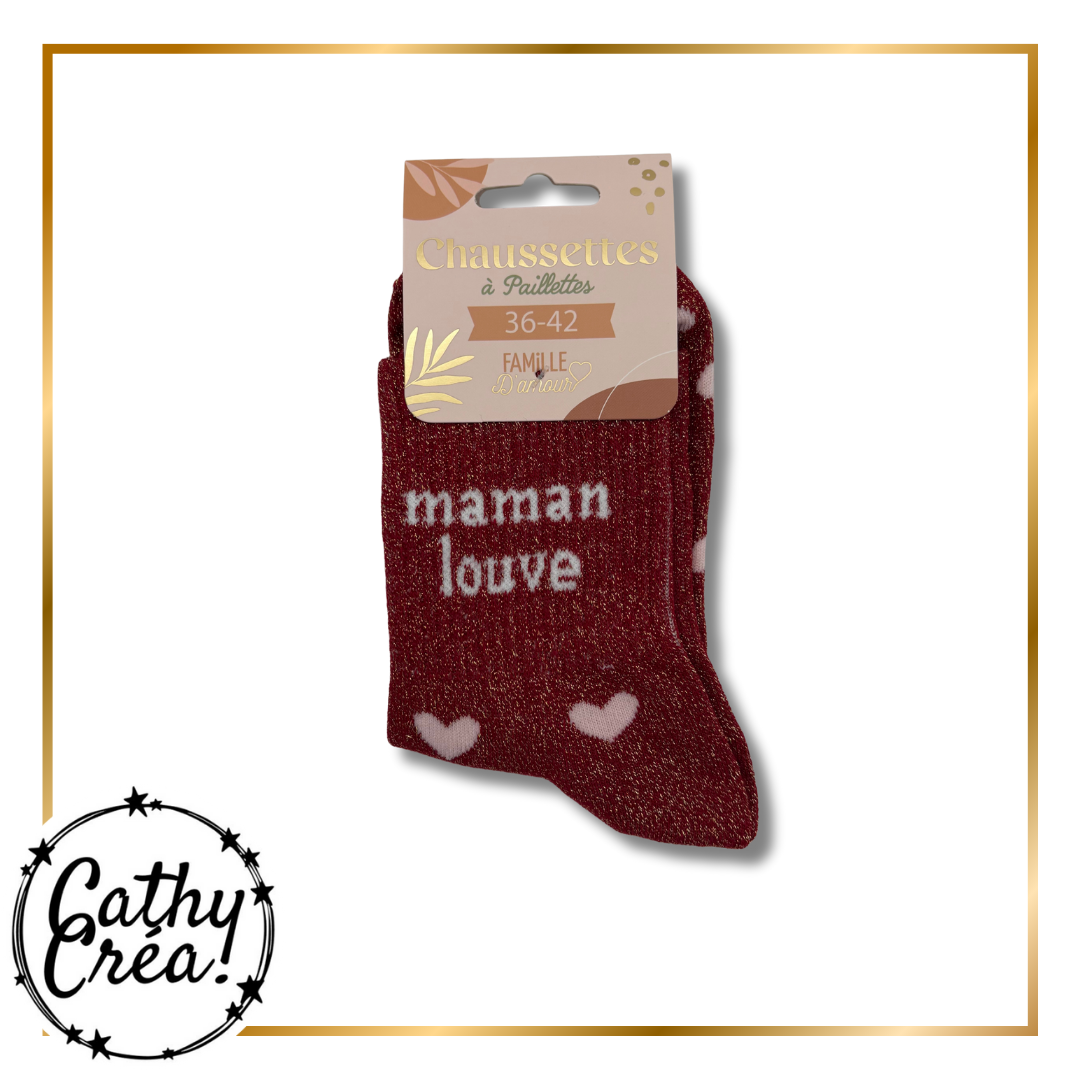 Chaussettes paillettes – Modèle « MAMAN LOUVE » – Taille 36/42