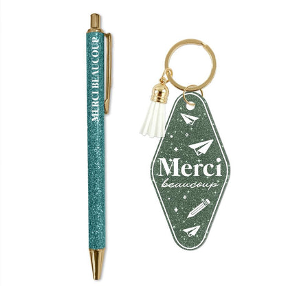 💚 Duo pailleté – Porte-clés & stylo “Merci beaucoup” ✍️✨