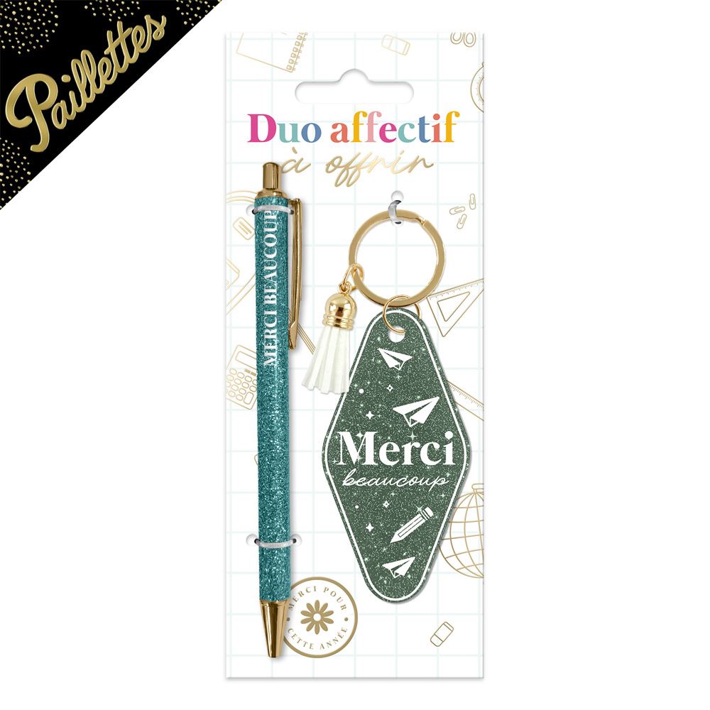 💚 Duo pailleté – Porte-clés & stylo “Merci beaucoup” ✍️✨
