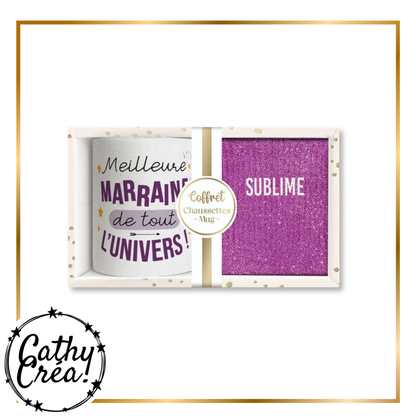 Mug blanc pailleté Meilleure Marraine et chaussettes violettes à paillettes Sublime taille 36-42