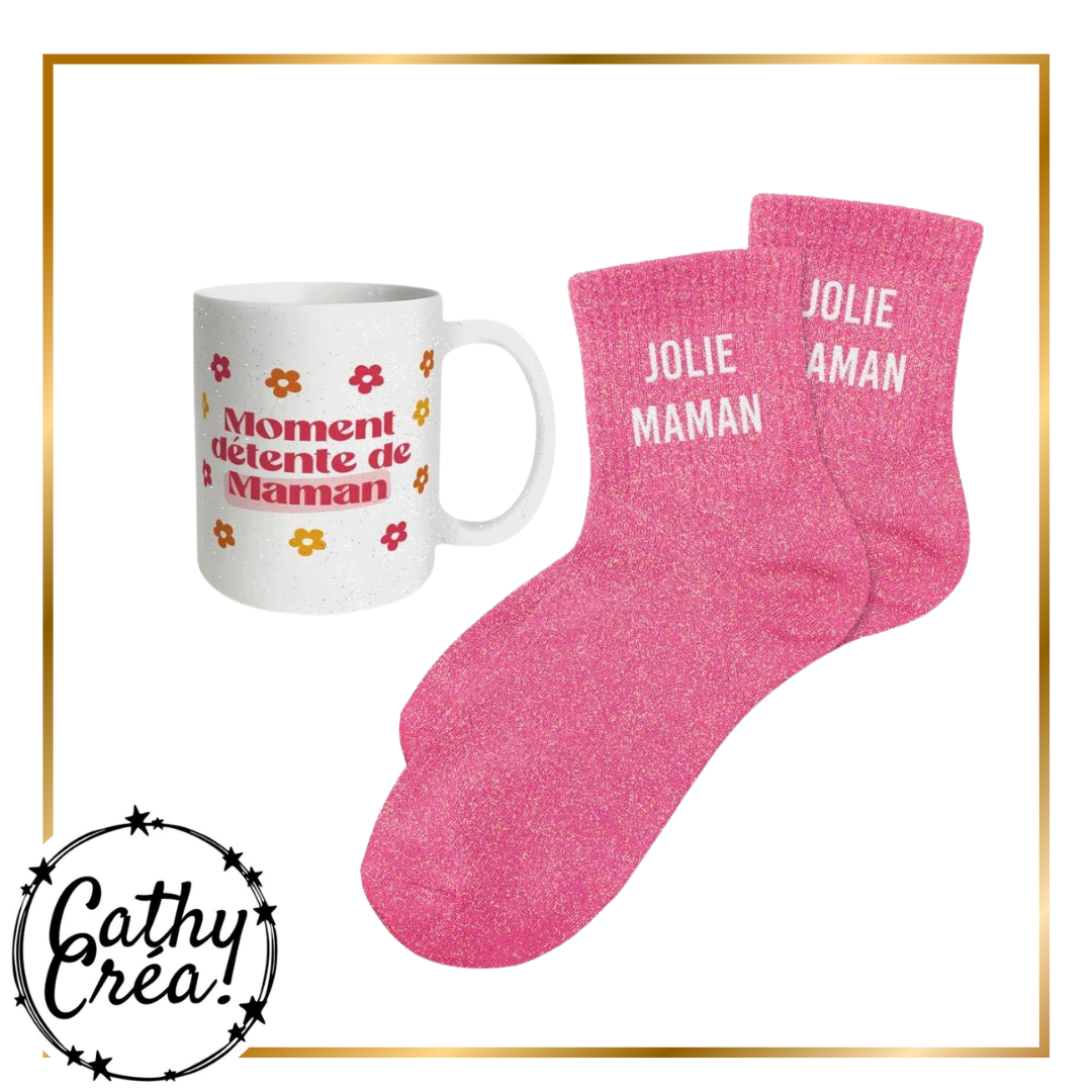 Mug Moment détente de Maman motifs fleurs et chaussettes roses à paillettes Jolie Maman taille 36-42