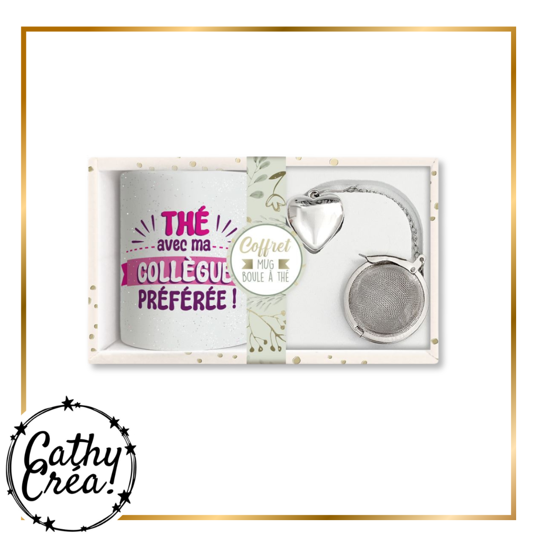 Mug blanc pailleté Thé avec ma collègue préférée et boule à thé argentée avec pendentif cœur