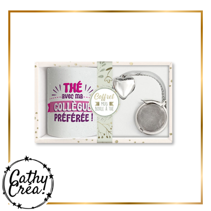Mug blanc pailleté Thé avec ma collègue préférée et boule à thé argentée avec pendentif cœur