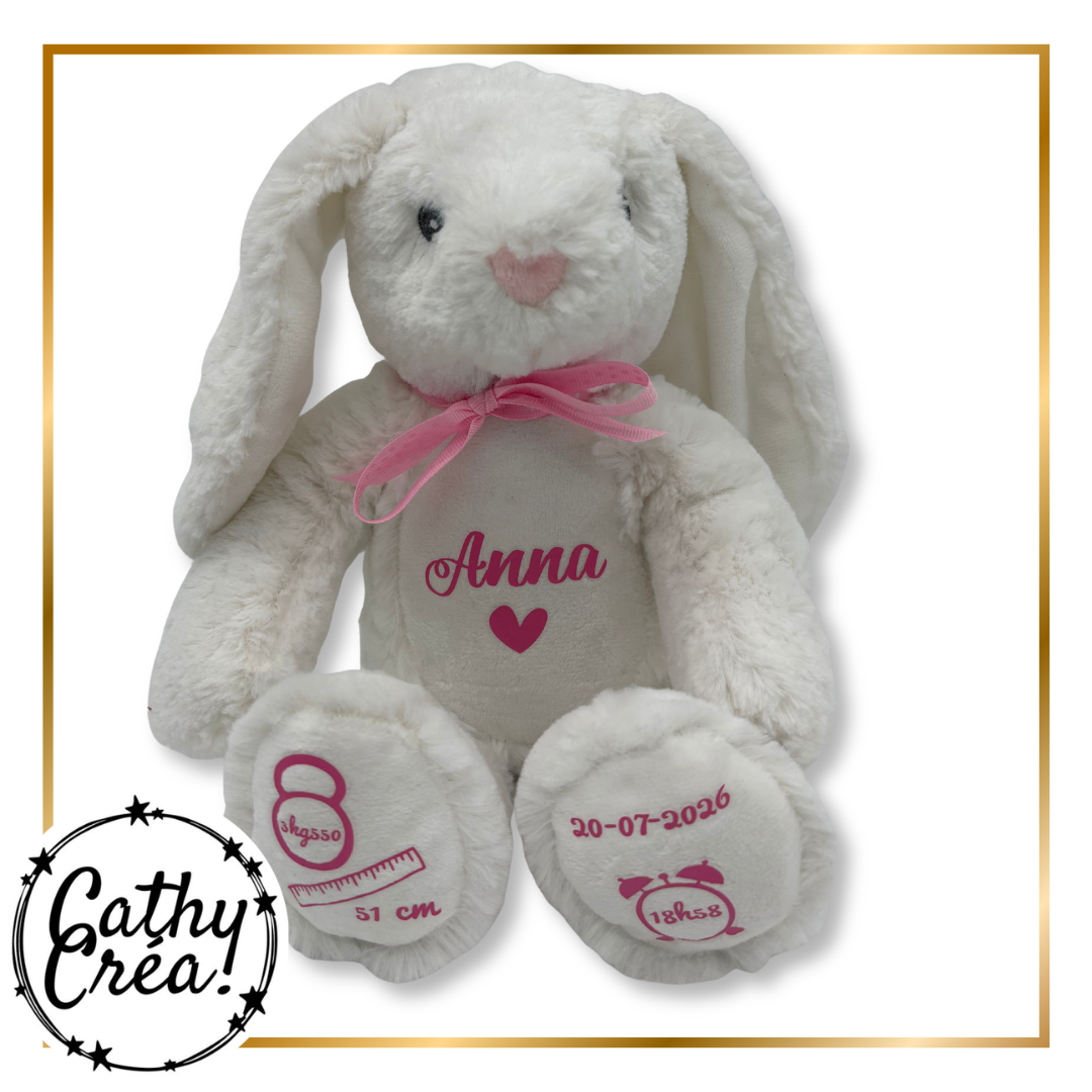 Peluche lapin blanche personnalisée avec prénom et infos de naissance