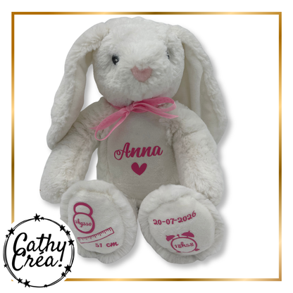 Peluche lapin blanche personnalisée avec prénom et infos de naissance