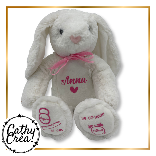 Peluche lapin blanche personnalisée avec prénom et infos de naissance