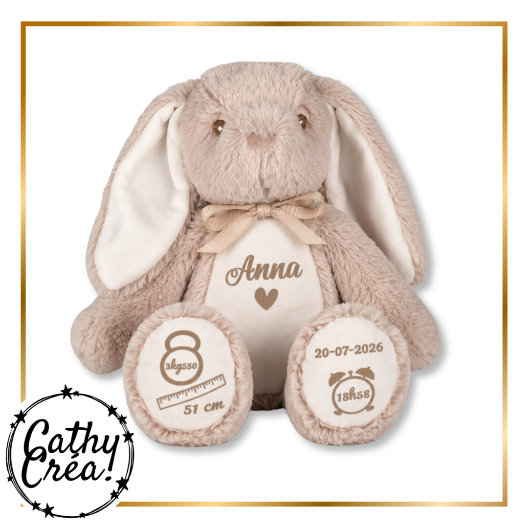 Peluche lapin beige personnalisée avec prénom et infos de naissance