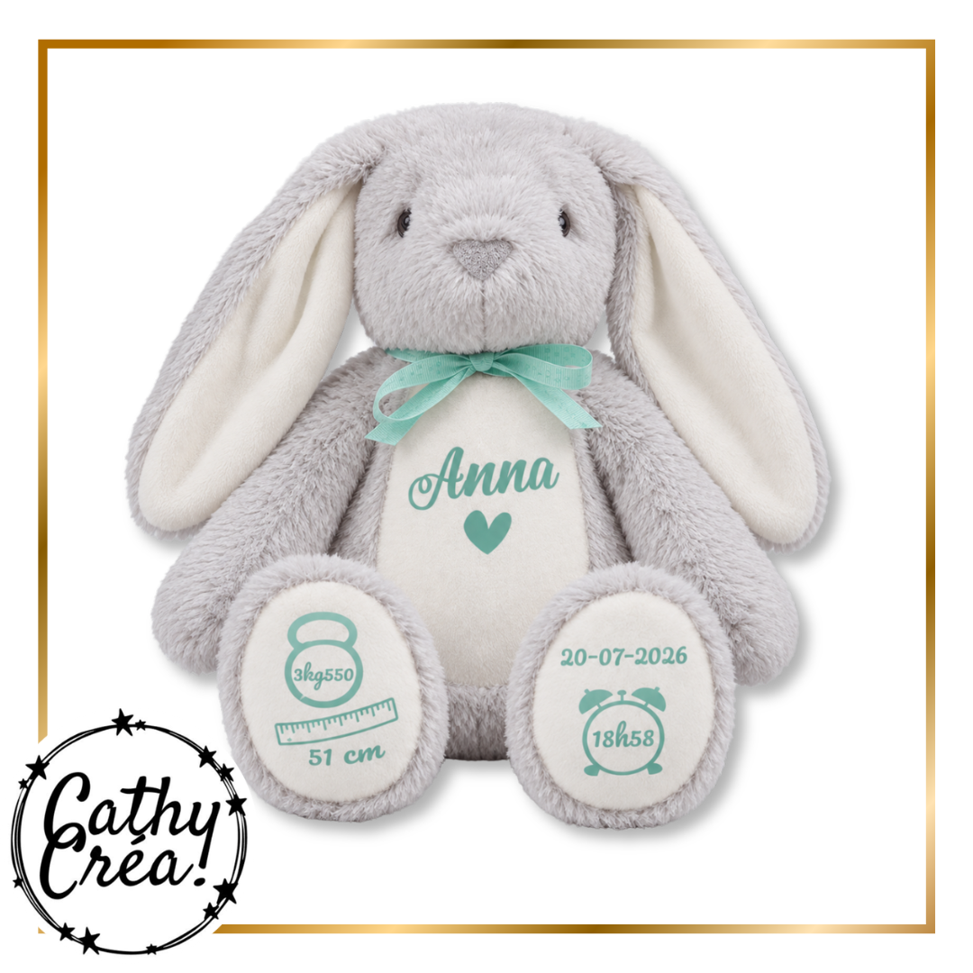 Peluche lapin grise personnalisée avec prénom brodé en vert