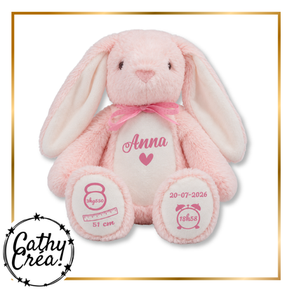 Peluche lapin rose personnalisée avec prénom et cœur