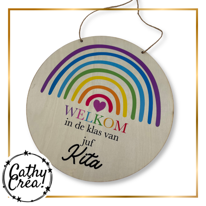 Plaque ronde en bois personnalisée Bienvenue dans la classe avec arc-en-ciel