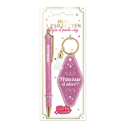 👑 Duo pailleté – Porte-clés & stylo “Princesse et alors ?” ✨