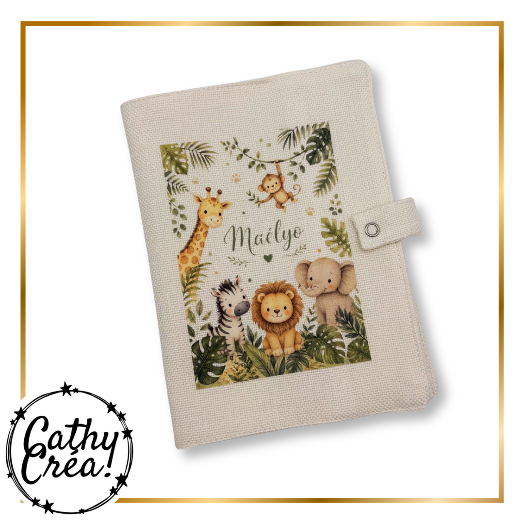 Protège-carnet de santé personnalisé prénom thème jungle animaux