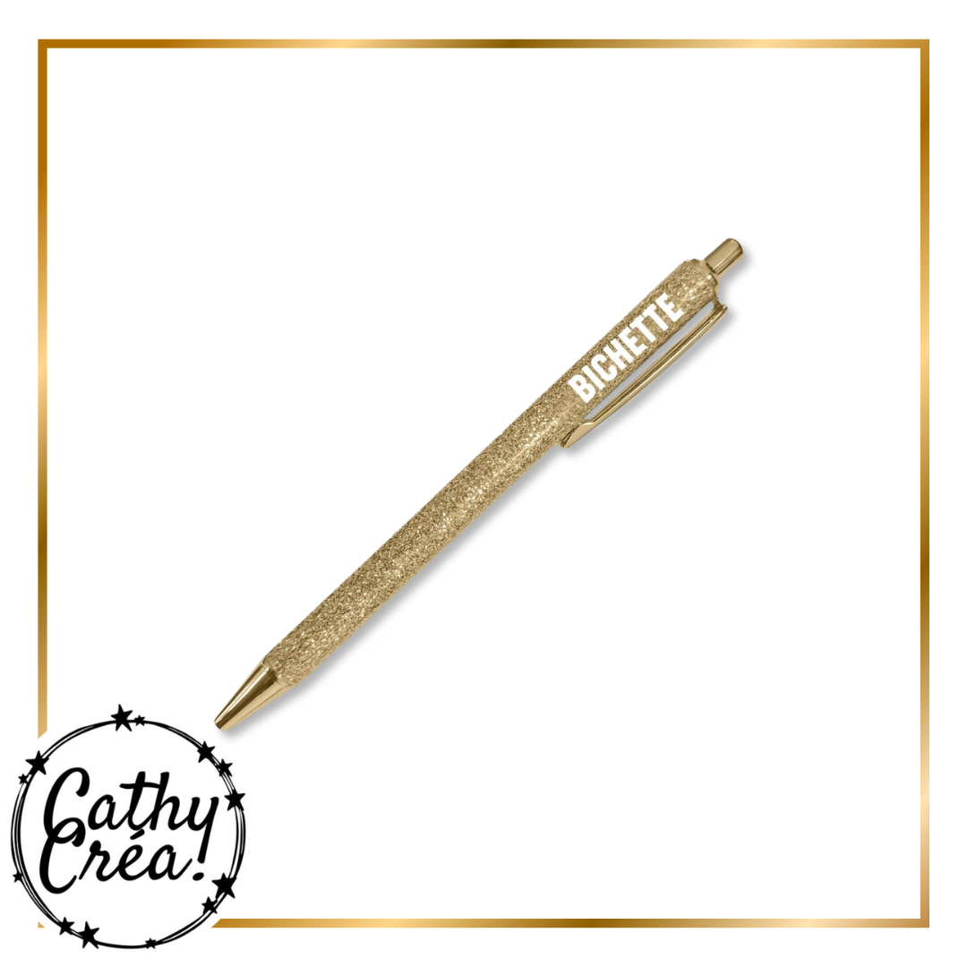 Stylo paillettes doré BICHETTE fond blanc – cadeau fun copine original Cathy Créa