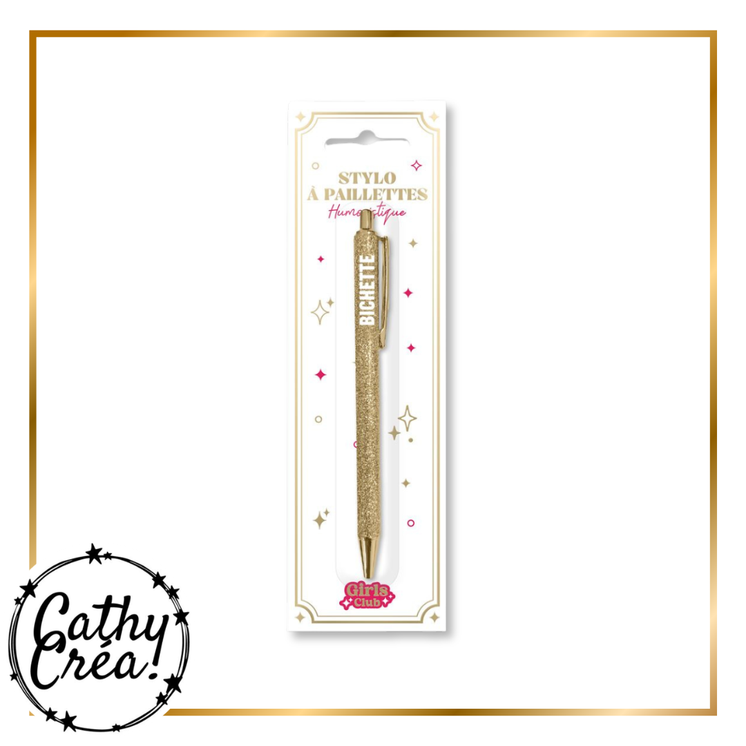 Stylo à paillettes doré inscription BICHETTE dans son packaging Girls Club – Cathy Créa Belgique