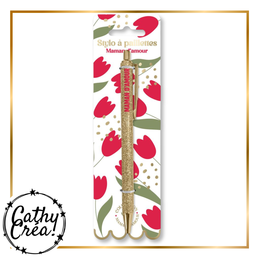 Stylo à paillettes doré inscription Maman d'amour dans sa boîte cadeau – Cathy Créa Belgique