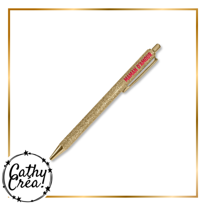 Stylo à paillettes doré inscription Maman d'amour sur fond blanc – Cathy Créa Belgique