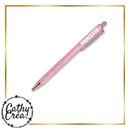Détail du stylo à paillettes rose gold avec inscription Princesse – cadeau fun et pailleté