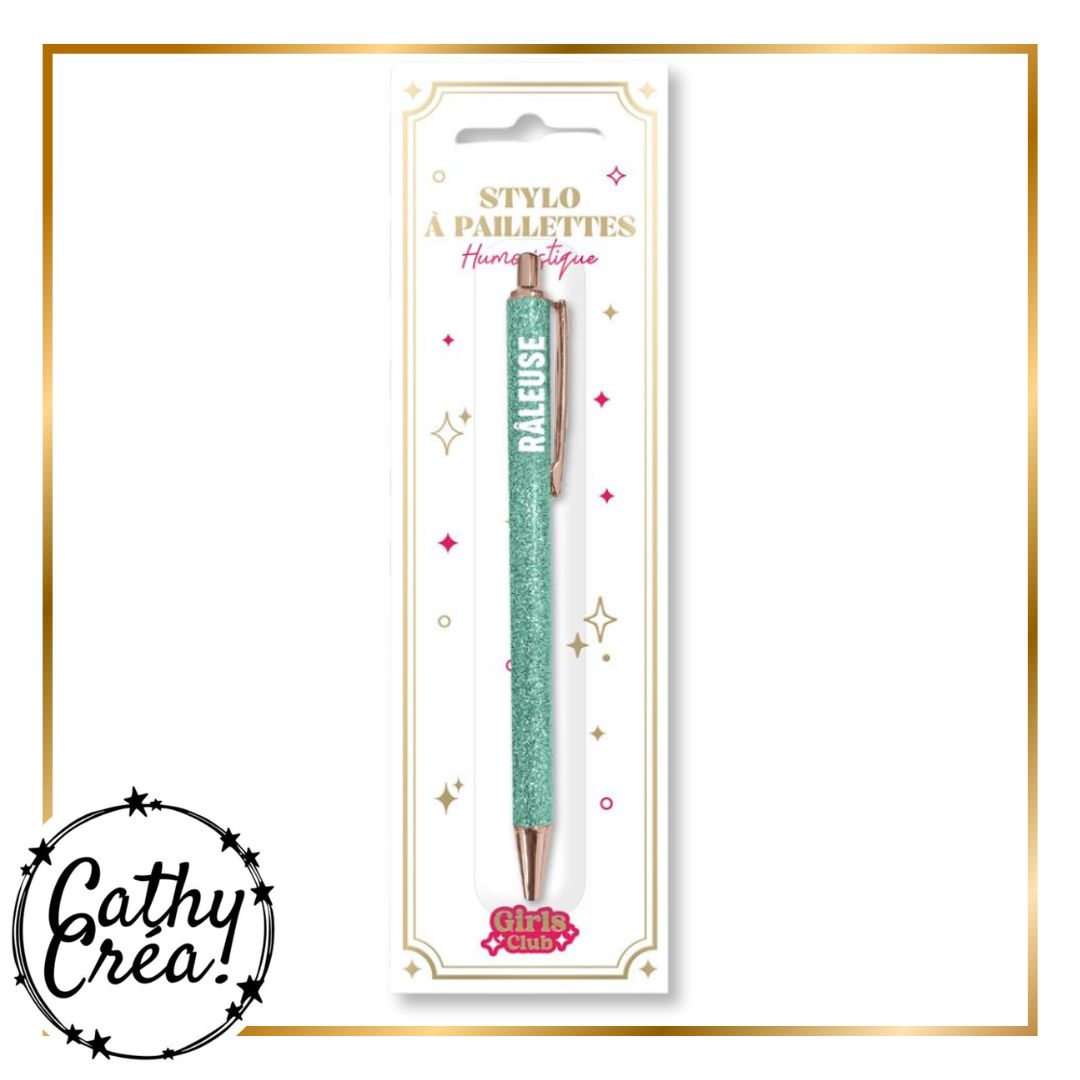 Stylo à paillettes vert menthe Râleuse dans son emballage Girls Club – cadeau humour femme