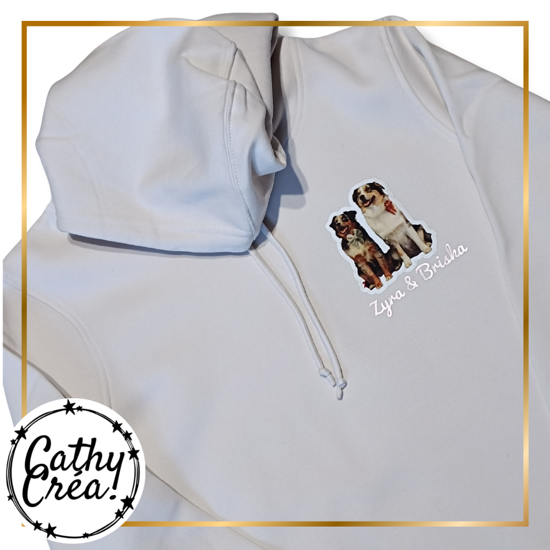 Détail impression personnalisée sur sweat capuche – vinyle flex ou DTF Cathy Créa