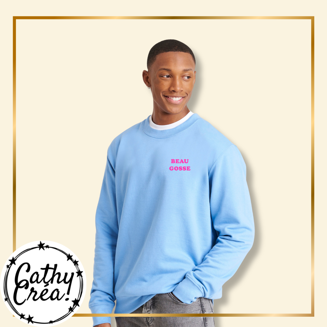 Sweat col rond personnalisé homme bleu – texte vinyle sur mesure Belgique