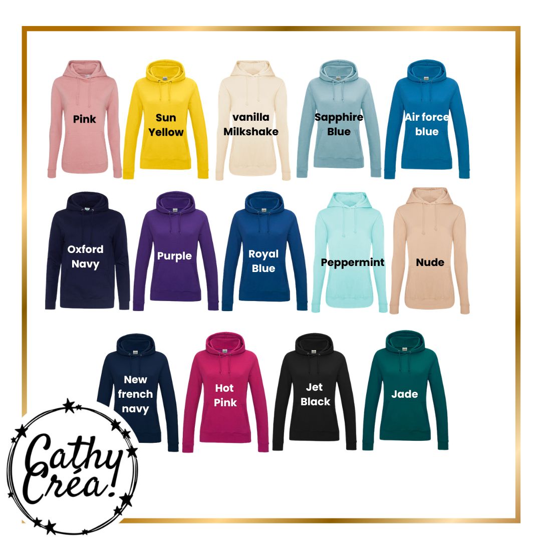 sweat femme personnalisé disponible en 28 couleurs XS à XXL – Cathy Créa